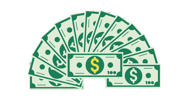 Fanned out green dollar bills of one hundred currency sit arranged in a semi-circle pattern over a white background.