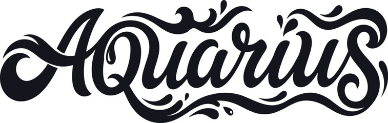 Aquarius lettering features elegant black cursive typography with decorative swashes and liquid-inspired accents. © Adam