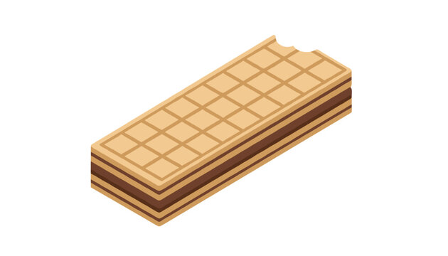Isometric view of a crispy wafer biscuit filled with dark chocolate cream with a tiny bite taken from one corner.