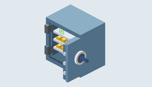 Isometric blue steel safe box shown open with several shiny gold bars neatly arranged inside on shelves against a gray background.