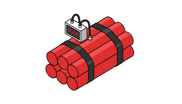 Red dynamite sticks bundled together with a digital countdown timer showing eight seconds on white background.