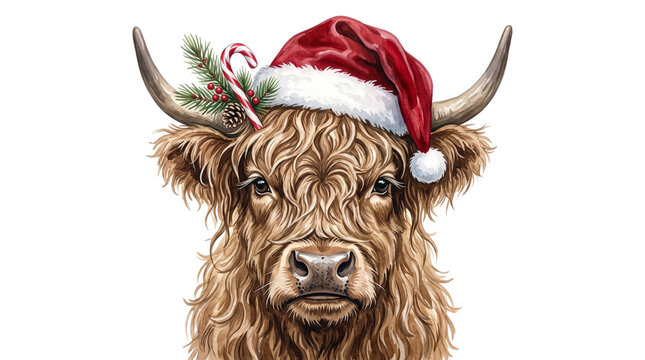 Highland cow wearing santa hat with candy cane and pine isolated on transparent background