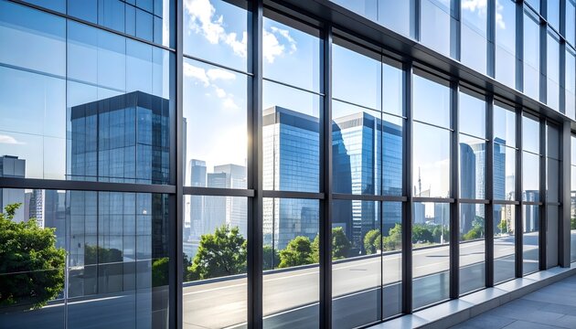 Pasillo acristalado de edificio moderno con vistas a rascacielos y terraza urbana en un d&iacute;a soleado
