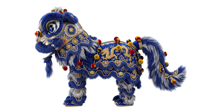 Blue and gold traditional chinese lion dance costume isolated on transparent background