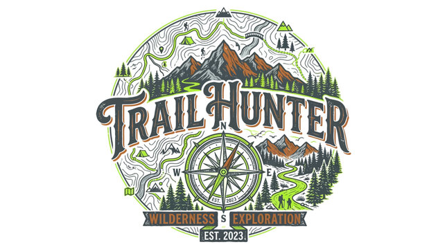 Trail Hunter vintage mountain adventure badge with compass and topographical map illustration.