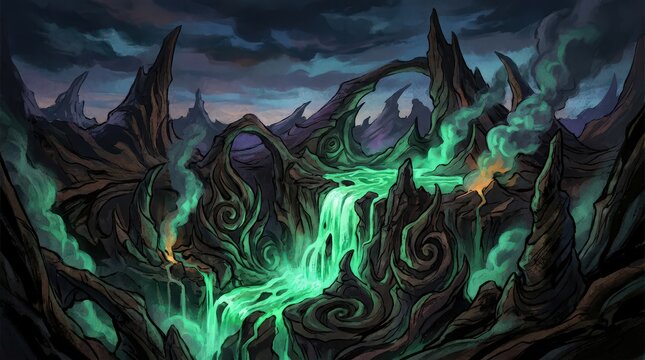 Otherworldly volcanic caldera at twilight with glowing green waterfall and mystical smoke