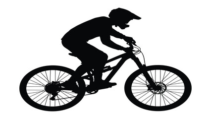 Fototapeta premium Cyclist silhouette rides a mountain bike while wearing a protective helmet.