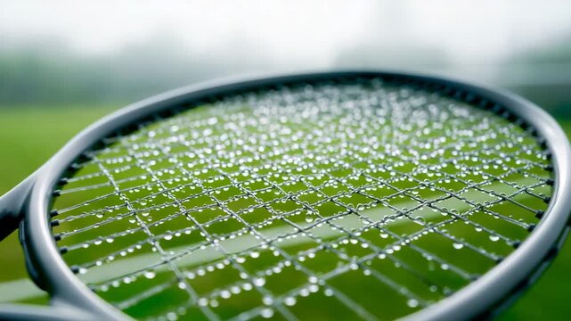 Tennis Racket Strings Dew Droplets Grass Court Morning