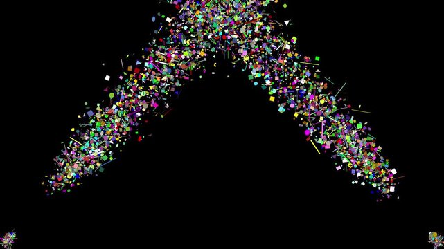 numerous bright multicolored symbols and festive confetti pieces shooting upward from the bottom corners of the frame on black background