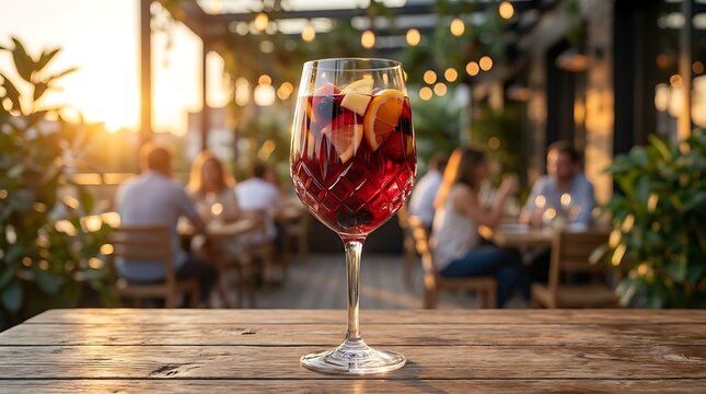 Glass of chilled red wine sangria with fresh fruit slices on a wooden table at a busy restaurant