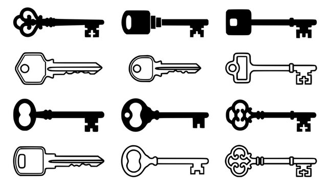 Key Vector Icons Set with Different Shapes and Flow Style Arrows for Concept Design and Interface Decorations