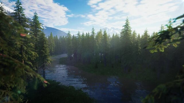Scenic river flowing through a pine forest with snow-capped mountains, seamless loop animation