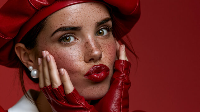 playful freckled woman in red fashion, fair skinned woman with red beret, stylish portrait with playful expression