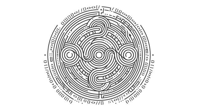 Abstract Digital Symbol with Binary Code Elements and Swirls