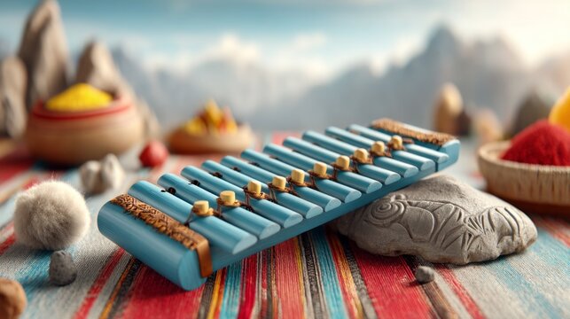 Vivid Andean Siku Flute on Colorful Textile with Mountains in Background