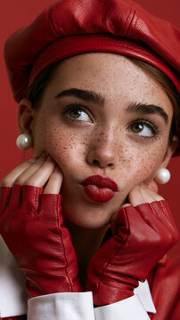 playful freckled woman in red fashion, fair skinned woman with red beret, stylish portrait with playful expression