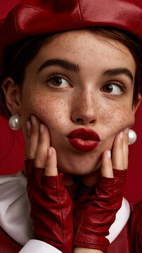 playful freckled woman in red fashion, fair skinned woman with red beret, stylish portrait with playful expression