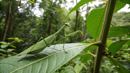 Leaf mantis the green Phylliidae sticking under a leaf and well camouflaged and themes towards the stem on a tropical forest.  © pinan