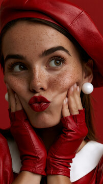 playful freckled woman in red fashion, fair skinned woman with red beret, stylish portrait with playful expression