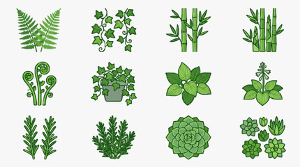 Corporate Pack Vibrant Green Botanical Icons Featuring Ferns Ivy Bamboo Succulents and Leafy Plants for Business Presentations © Putra