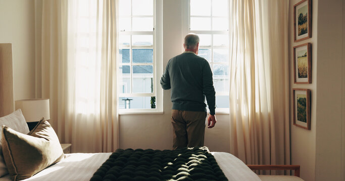 Back, old man and opening curtain in bedroom, start day and check weather for morning routine. Thinking, senior person and window at house for sunlight, outdoor view and weekend for retirement break