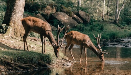 Sambar deer grazing and drinking water in its Natural Habitat in the forest of Central India.  © pinan