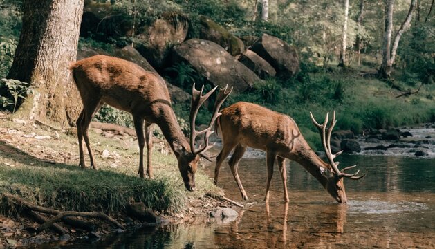 Sambar deer grazing and drinking water in its Natural Habitat in the forest of Central India.
