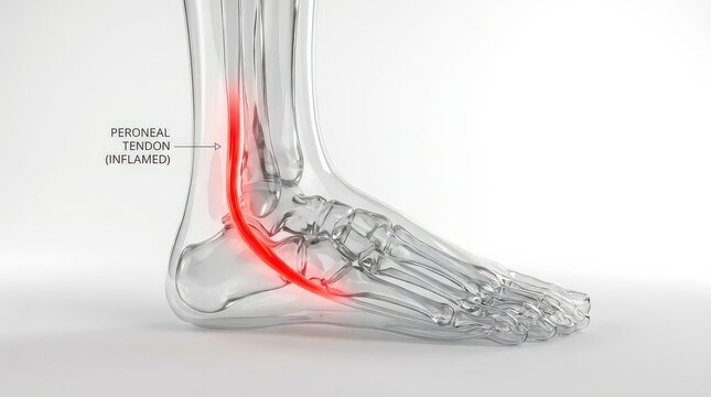 3D Medical Illustration of Human Peroneal Tendon Inflammation Showing Redness and Swelling