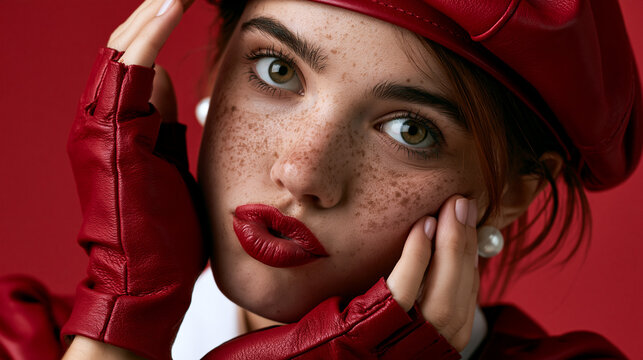 playful freckled woman in red fashion, fair skinned woman with red beret, stylish portrait with playful expression