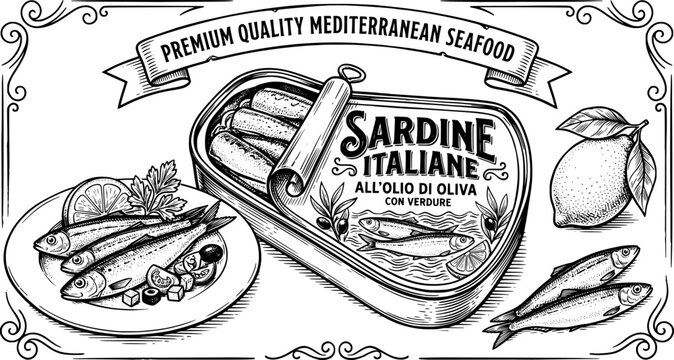 Sardines. Canned fish. Retro hand drawn marine food, Italian seafood, Mediterranean sardines with vegetables, tomato, lemon. Sprats in package, tin, plate. Vector set