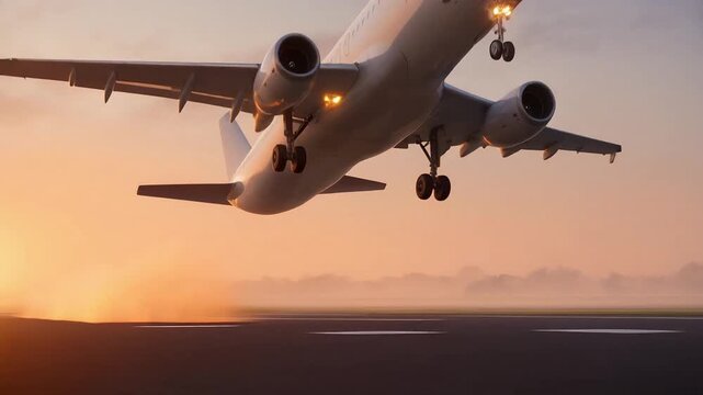 Cinematic low angle shot of a commercial passenger airplane taking off from the runway during a beautiful golden hour sunset.