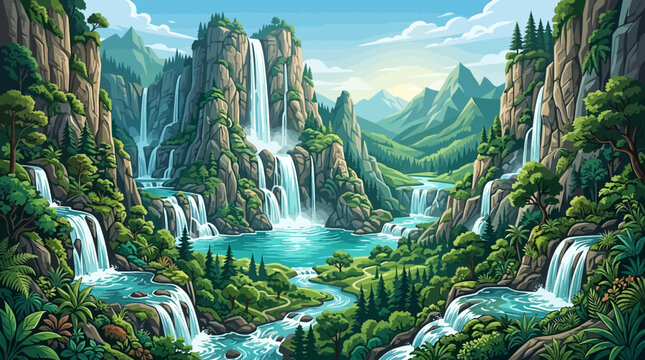 Waterfalls cascading down rocky mountain sides.