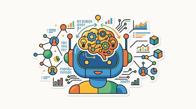 Cartoon robot with glowing brain and data connections