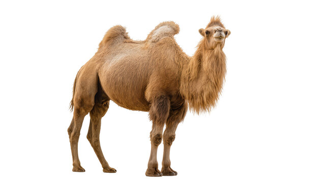 Dromedary camel with one hump tan fur, standing profile view