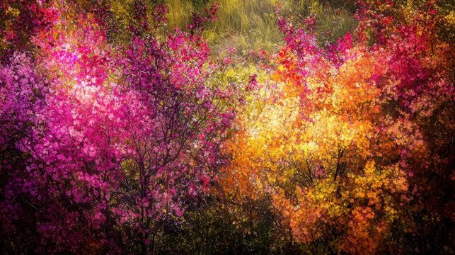 A riot of vibrant autumn foliage displaying colorful blossoms and lush green growth along a sunlit riverbank
