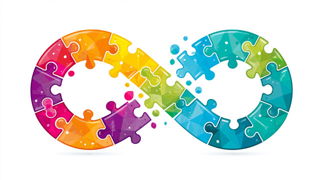 A colorful infinity symbol made of puzzle pieces, with some pieces missing and scattered around, representing continuity and complexity.