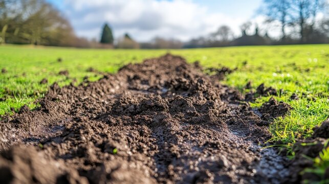 Close-up view of damp, dark soil in a park setting with a blurred urban background