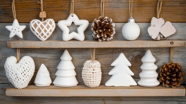 Cozy Christmas Decorations on a Wooden Shelf with Natural Textures and Soft Lighting