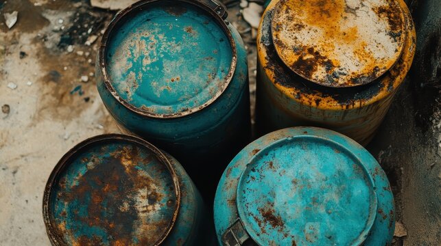 Close-up View of Rusted Industrial Drums with Detailed Textures in Soft Light