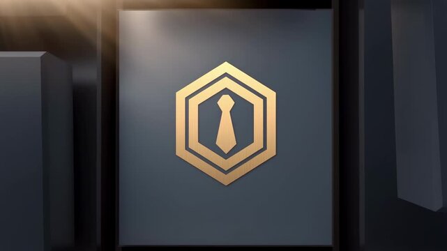 Father's day icon with gold shield and tie symbol on dark geometric background