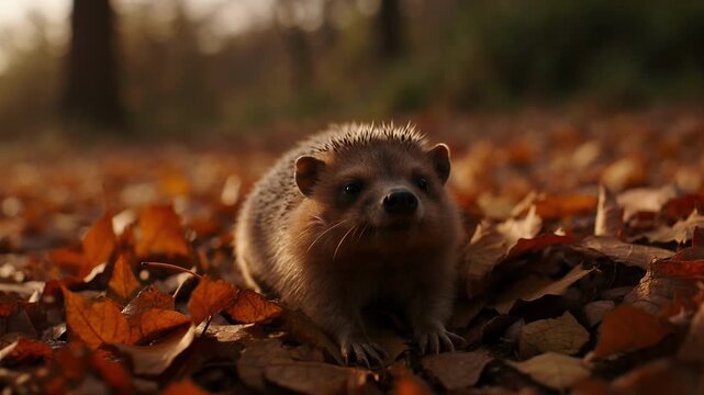 Hedgehog exploring autumn floor at sunset