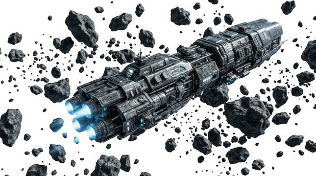 Spaceship flying through asteroid field isolated on transparent background