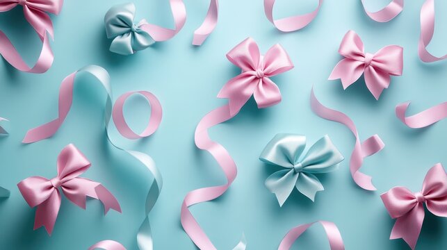 Elegant pink and blue satin ribbons and bows for festive gift wrapping and party decorations