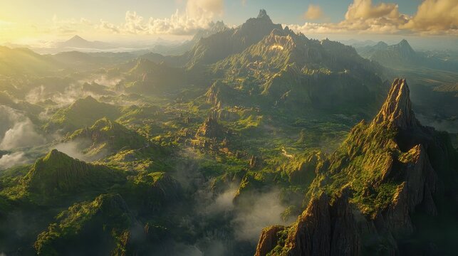 Expansive Aerial View of Lush Mountain Ranges Bathed in Golden Sunlight Showcasing Intricate Valleys and Misty Peaks