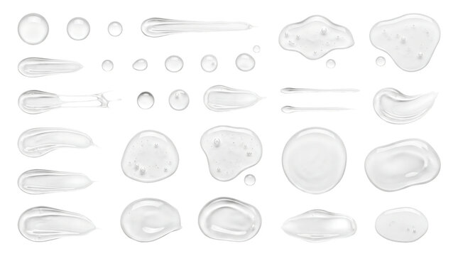 Set of transparent gel drops and liquid texture samples with transparent