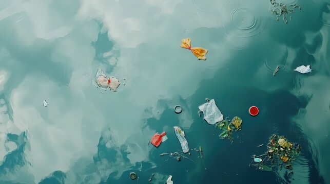 Floating plastic debris and chemical sheen on a polluted waterway reflecting a cloudy sky, highlighting environmental degradation.