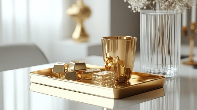 Gleaming gold bars and a reflective gold cup arranged on a tray, symbolizing wealth and luxury investment opportunities