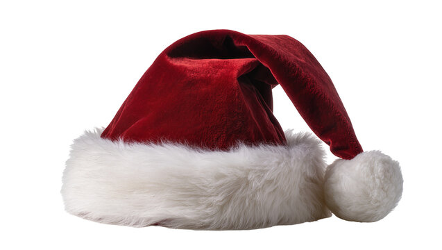 Red velvet Santa hat with white fur trim and pompom