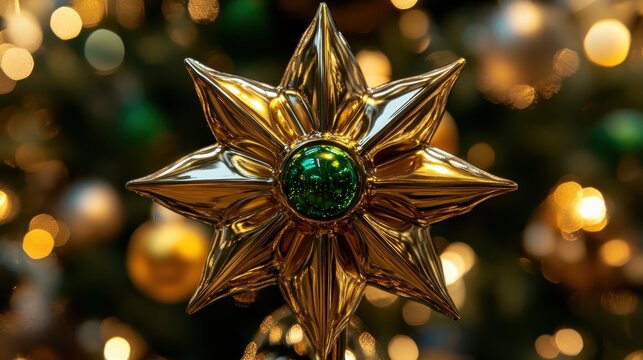 Intricate golden star Christmas tree topper with a green jewel center, reflecting festive holiday lights and creating a warm, cozy ambiance.