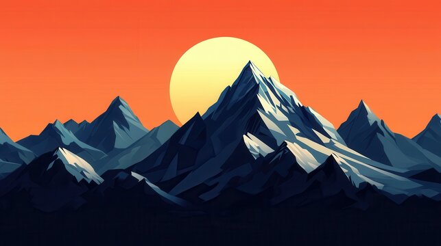 Majestic snow capped mountains at golden hour sunset with an orange sky